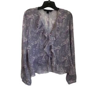Express Design Studio Y2K Purple Paisley 100% Silk Button Up Blouse Size M
